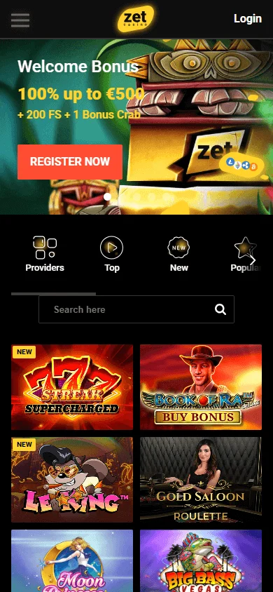 Zetcasino home experience accessed through a mobile web browser