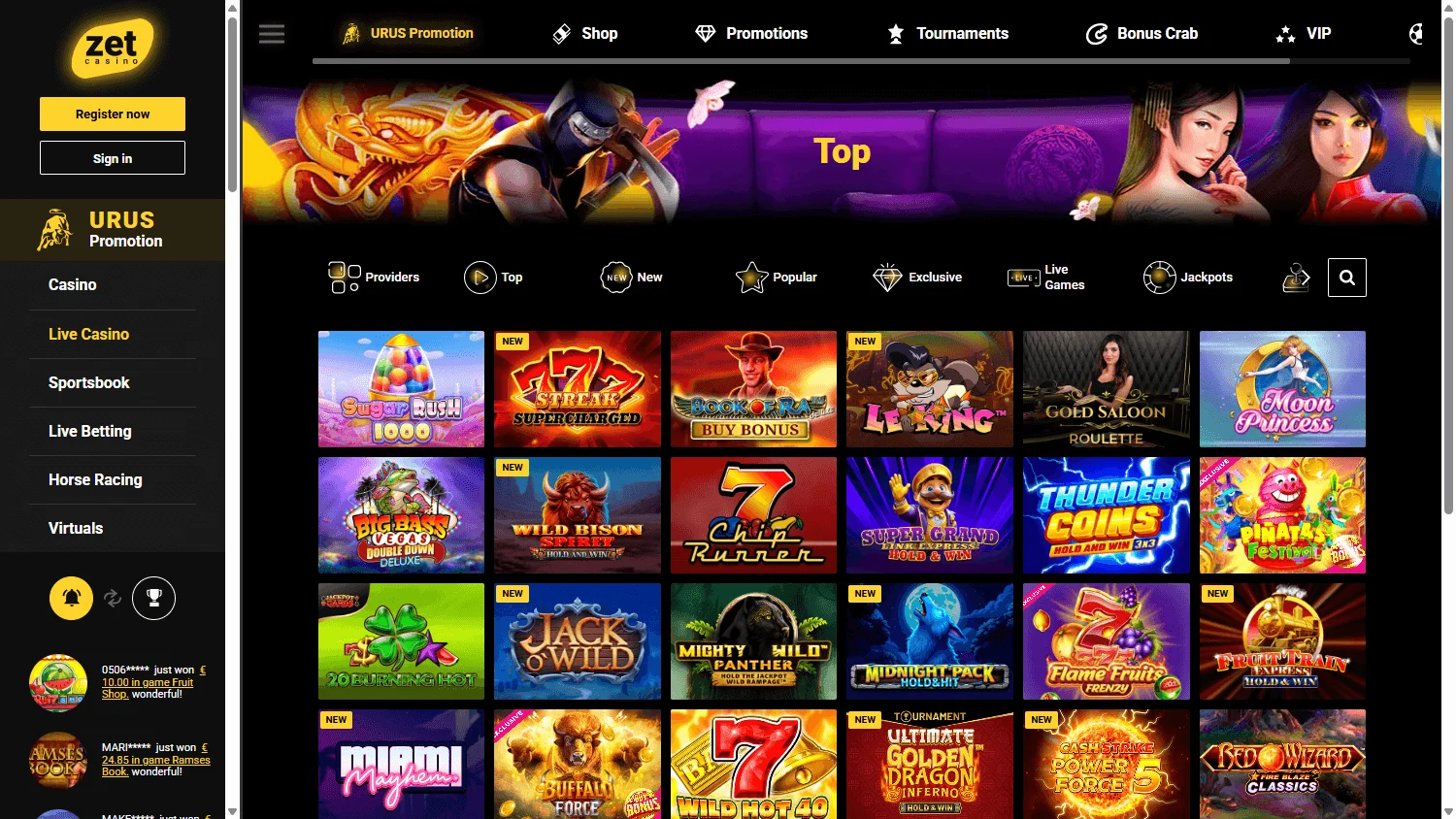Zetcasino desktop games lobby with casino categories and titles