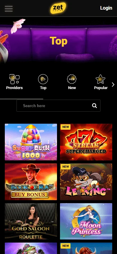 Zetcasino mobile games lobby with slots and live casino categories