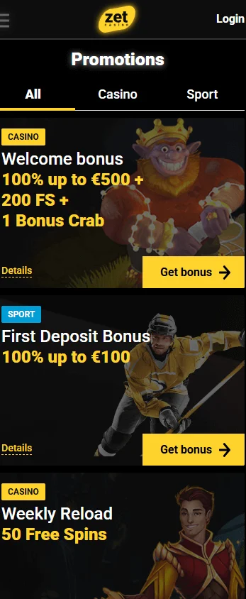 Zetcasino mobile promotions area with bonus and free spin offers