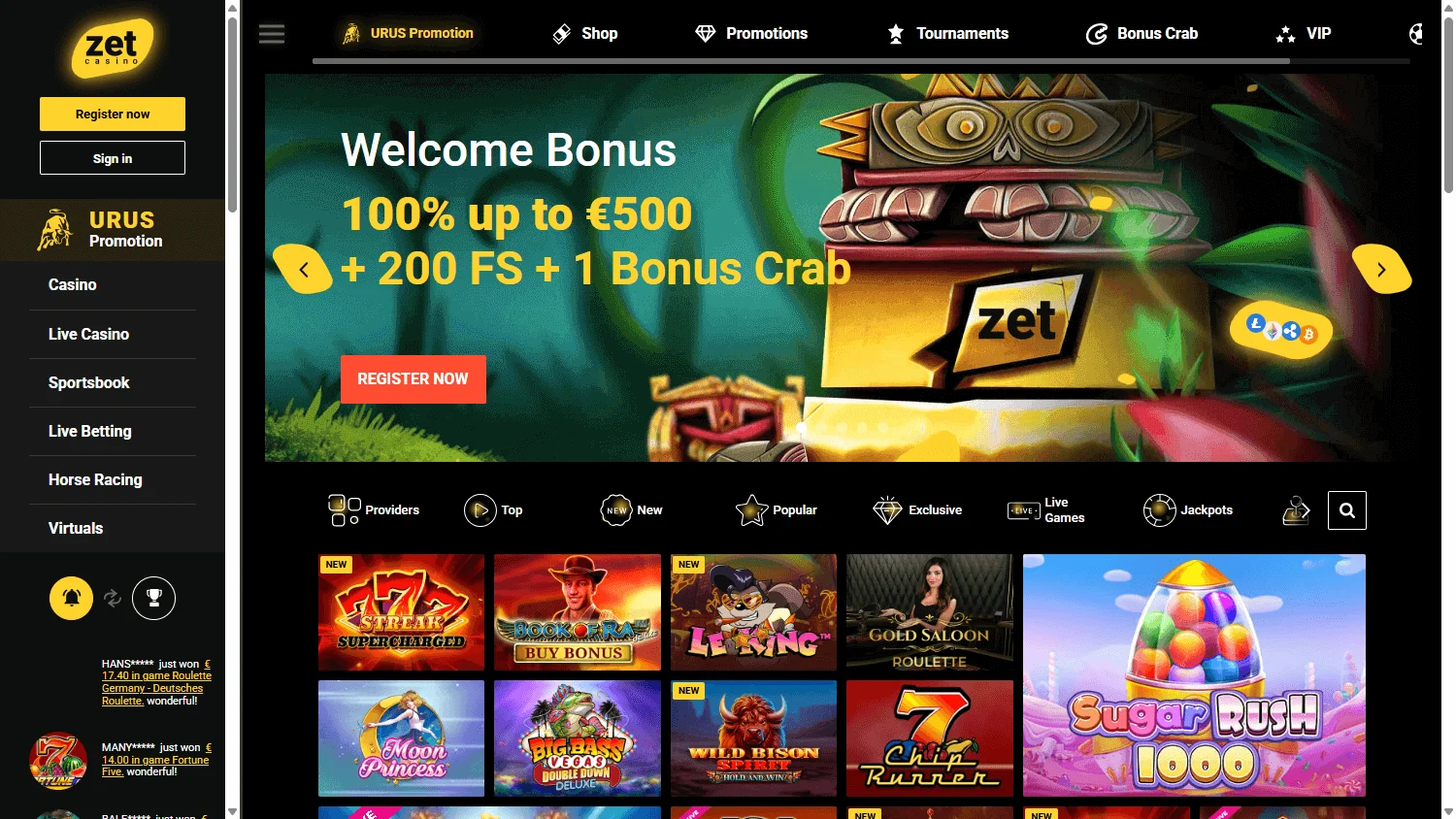 Zetcasino desktop home interface with casino and sportsbook access