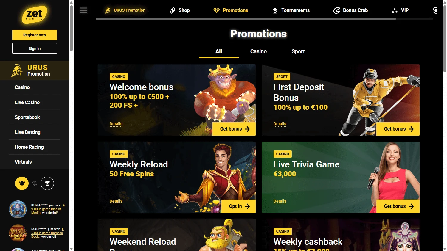 Zetcasino desktop promotions area with welcome and reload offers